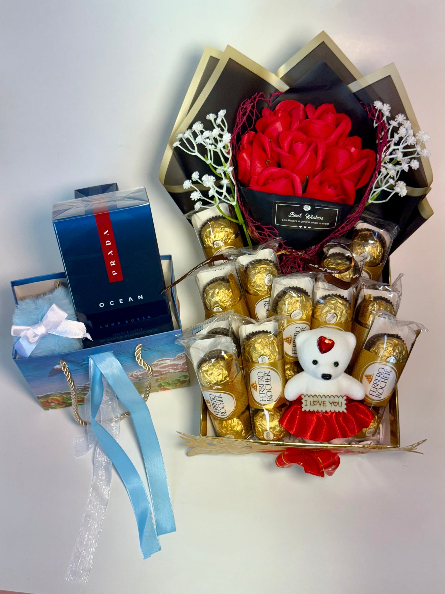 Luxury Gift Set with Prada Luna Rossa Ocean Perfume, Chocolates, Teddy & Roses