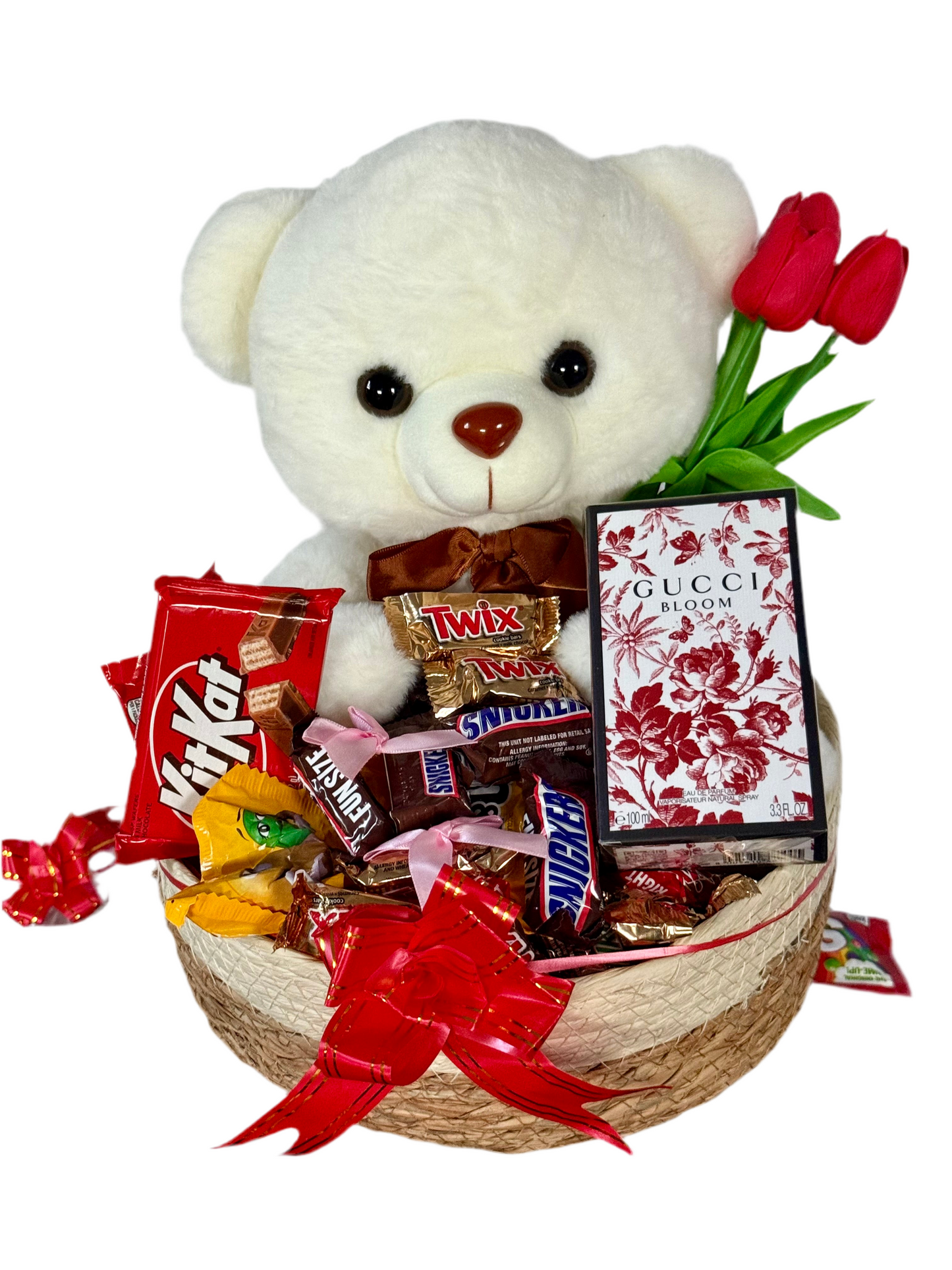 Sweet Indulgence Gift Basket – Chocolates, Plush Teddy & Gucci Fragrance"