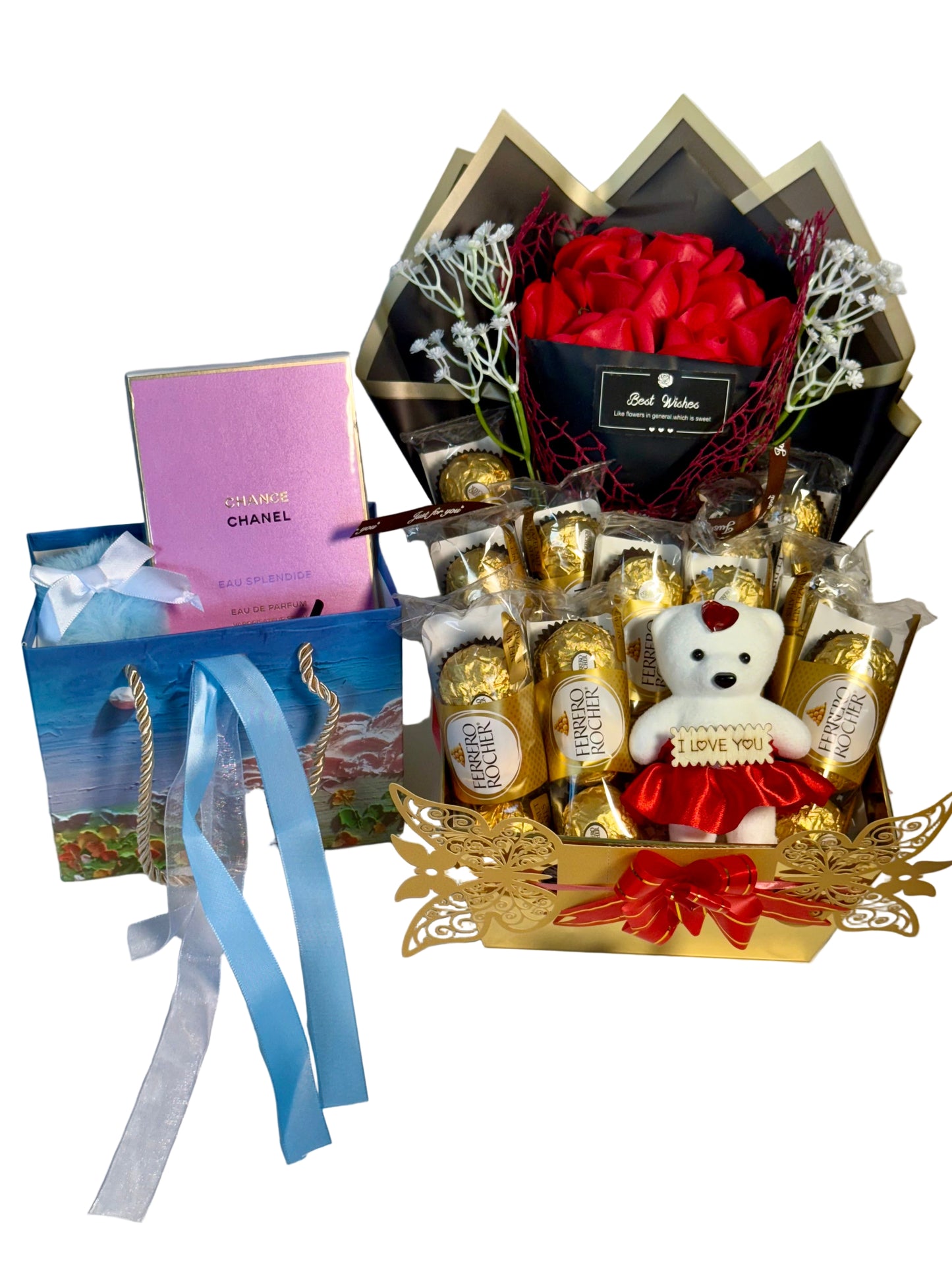 Gift basket with teddy bear, chocolates, and flowers on a white background