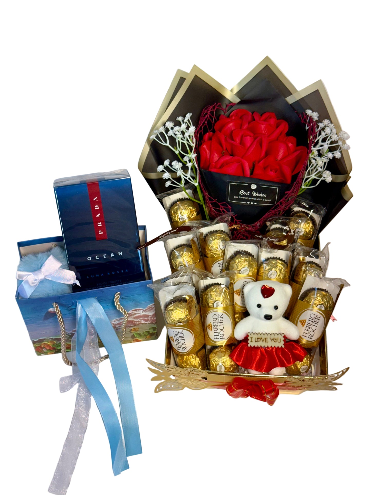 Luxury Gift Set with Prada Luna Rossa Ocean Perfume, Chocolates, Teddy & Roses