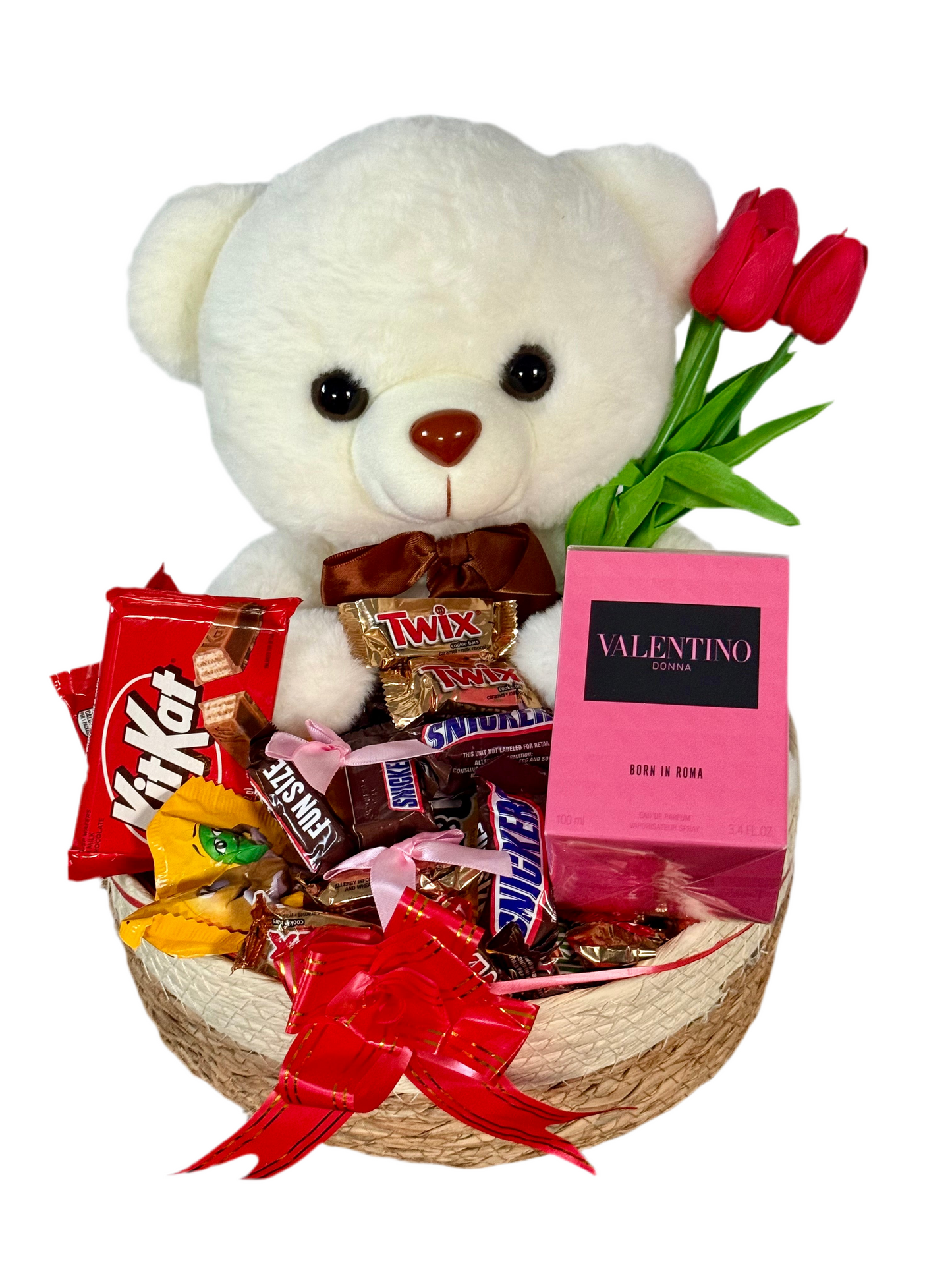 Teddy Bear Gift Basket with Chocolates & Valentino Donna Perfume