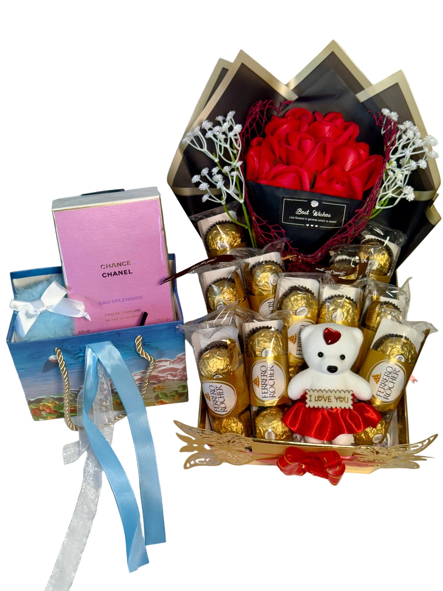 Gift basket with chocolates, flowers, and a teddy bear on a white background