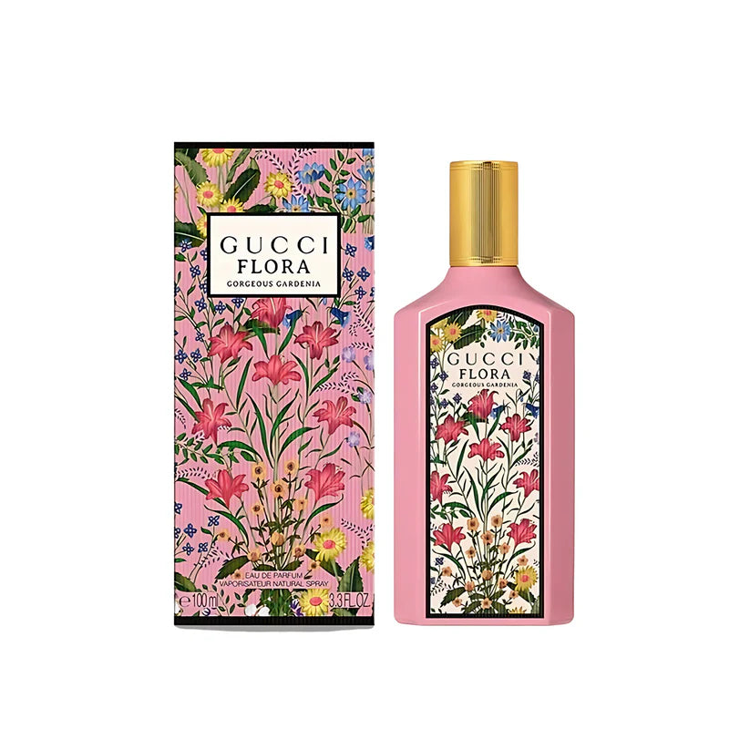 Gucci Flora perfume bottle and packaging with floral design on a white background