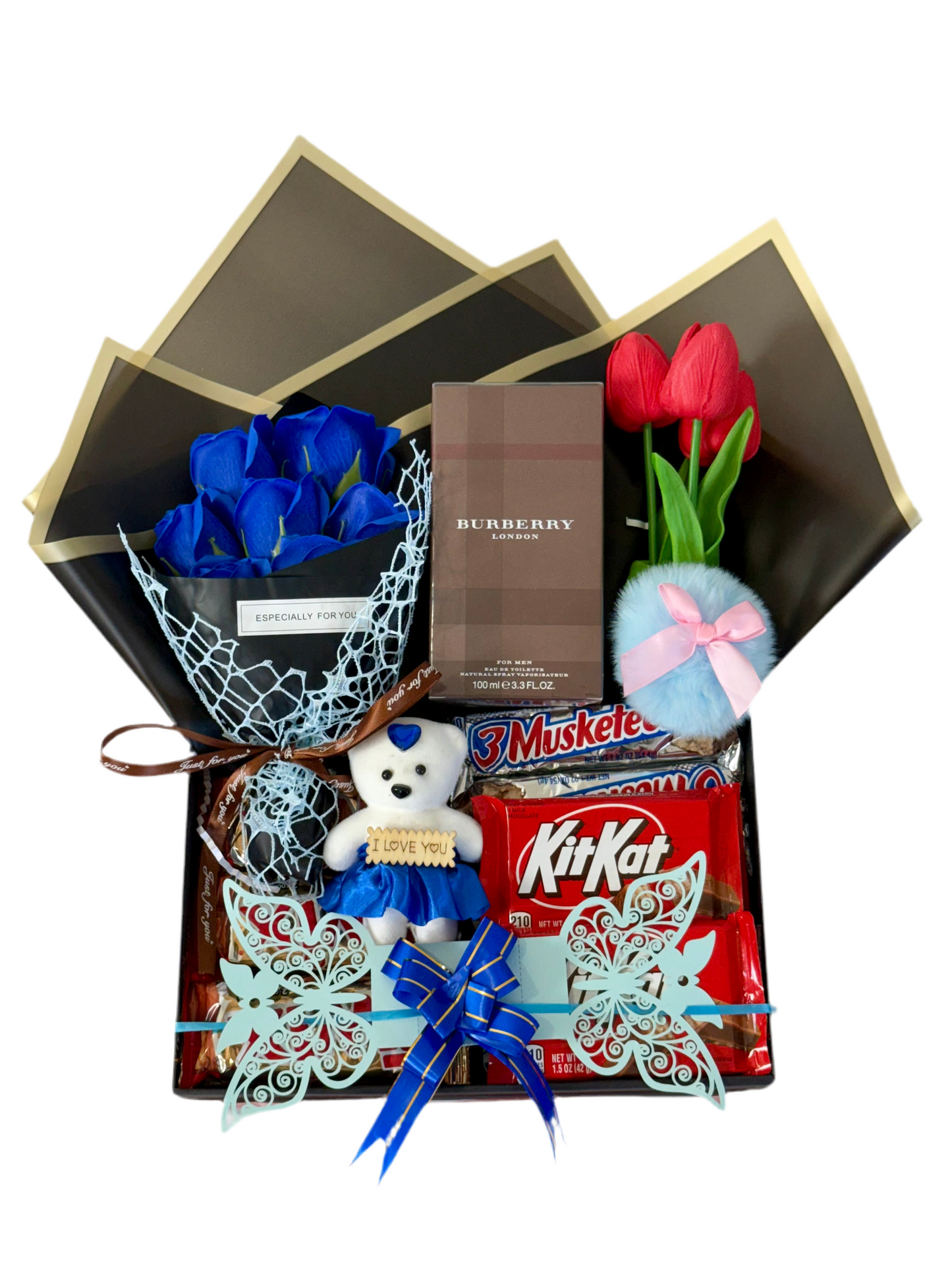 Gift box with blue roses, Burberry chocolate, KitKat, and a teddy bear.