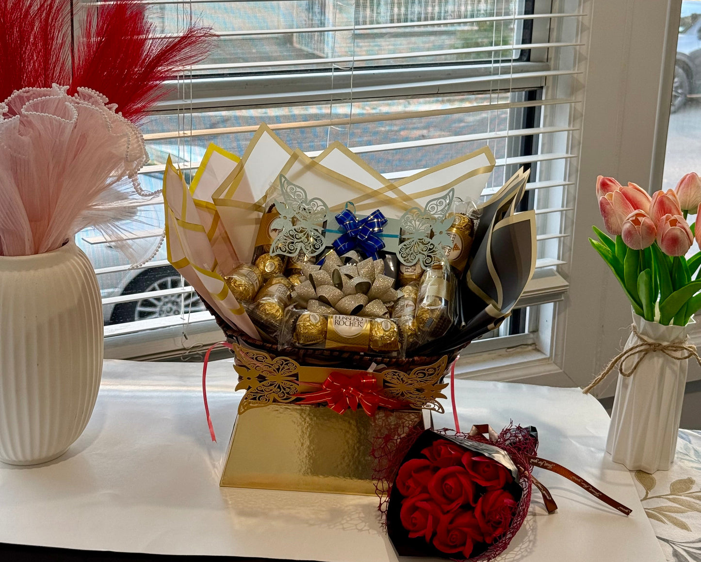 Luxury Gift Set with Bleu de Chanel Perfume, Chocolates, Teddy & Roses