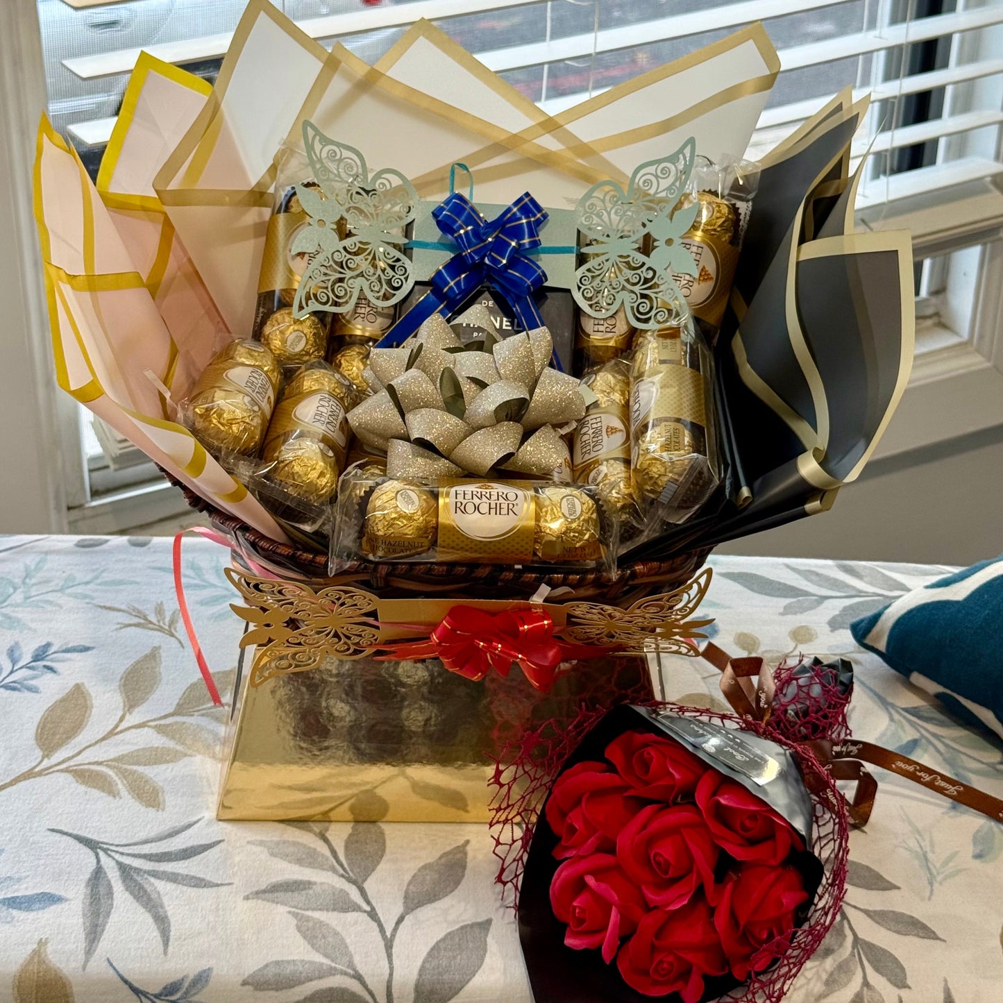 Luxury Gift Set with Bleu de Chanel Perfume, Chocolates, Teddy & Roses