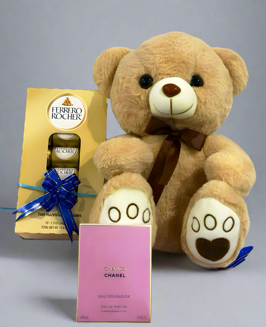 Gift Pack of CHANEL Chance Eau Splendide, Teddy bear and Ferrero Rocher Chocolates