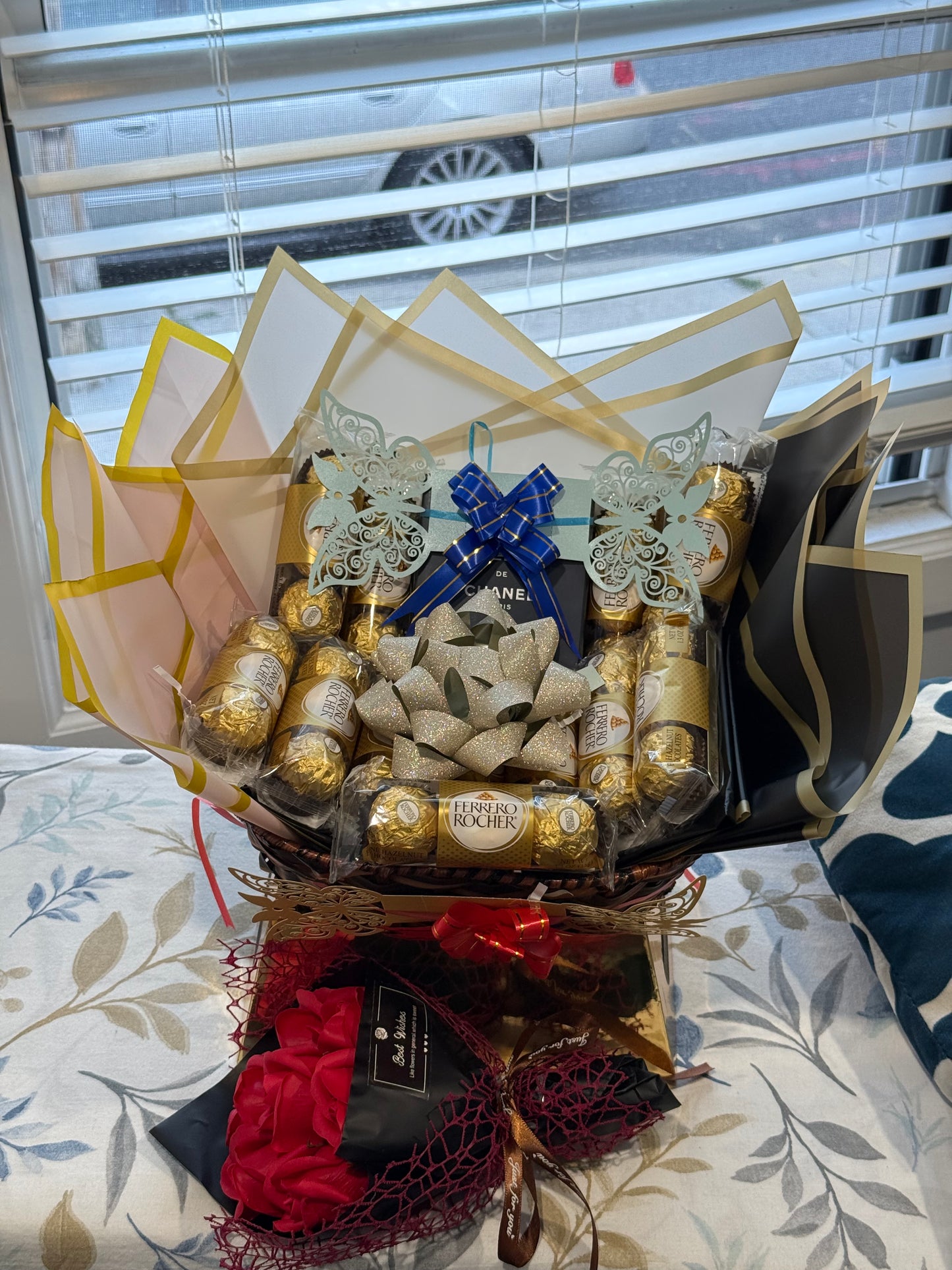 Luxury Gift Set with Bleu de Chanel Perfume, Chocolates, Teddy & Roses
