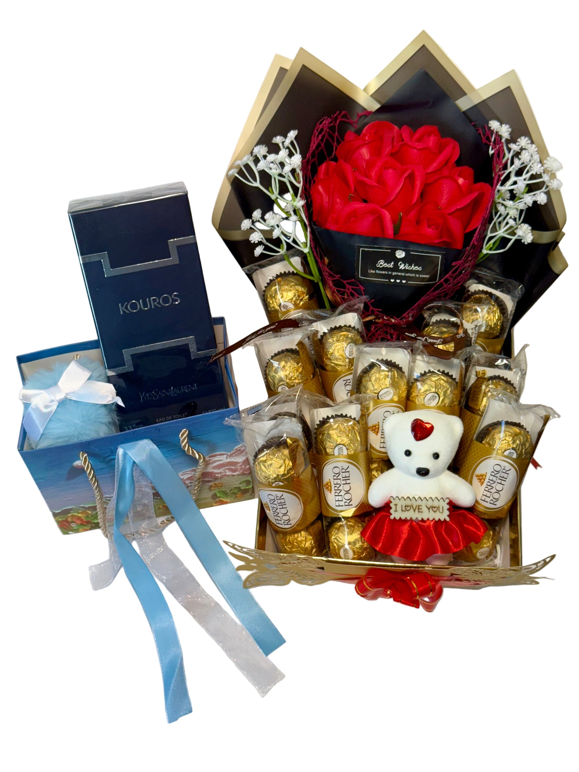 Gift basket with red roses, chocolates, and a teddy bear on a white background