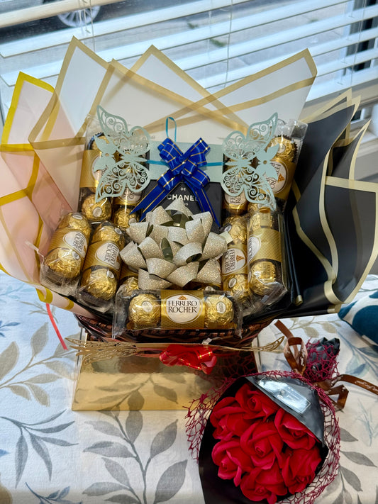 Luxury Gift Set with Bleu de Chanel Perfume, Chocolates, Teddy & Roses
