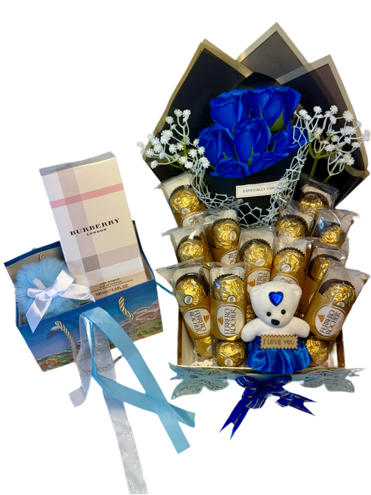 Luxury Gift Set with Burberry London Perfume, Chocolates, Teddy & Roses