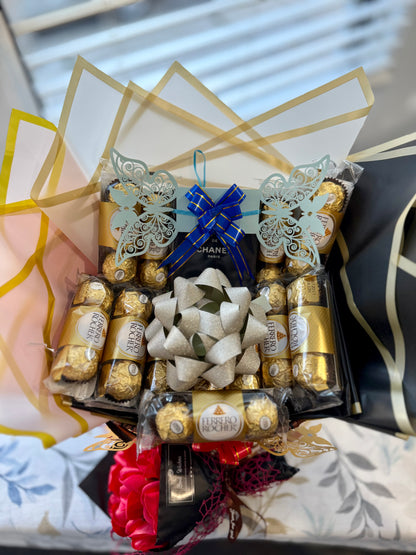Bouquet of Ferrero Rocher chocolates and other candies arranged in a decorative manner.
