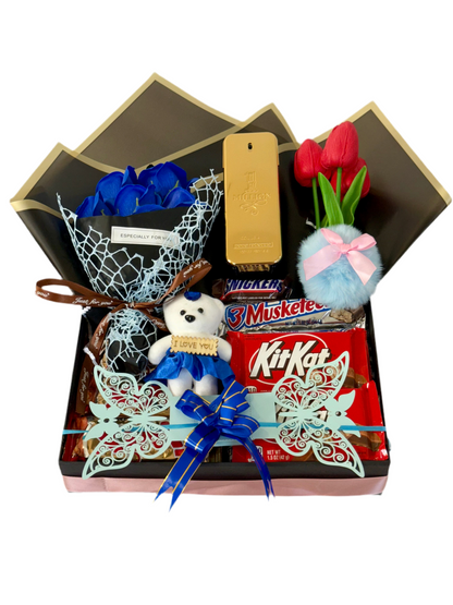 Deluxe Gift Basket with Paco Rabanne 1 Million, Chocolates, and Flowers
