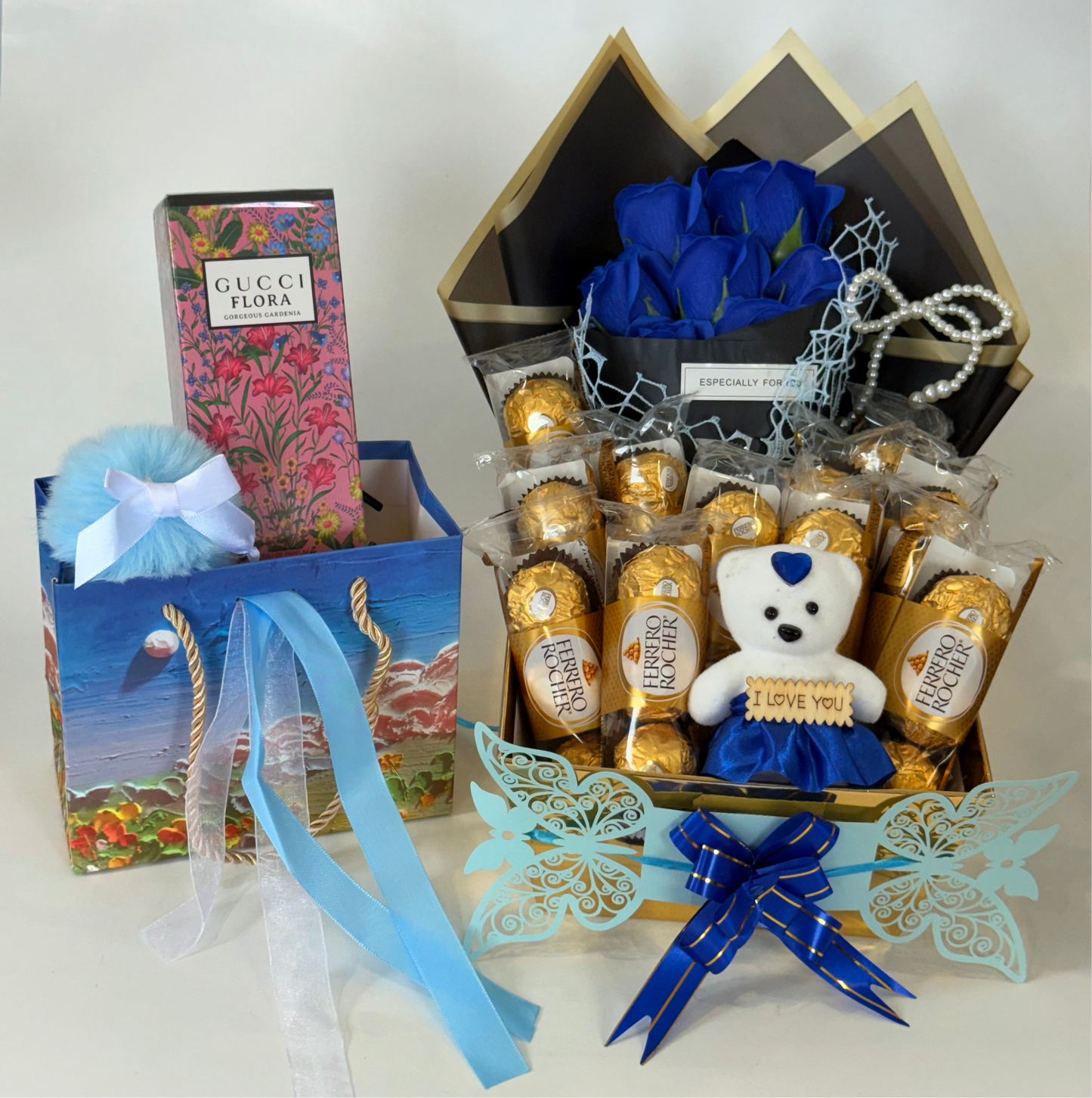 Luxury Gift Set with Gucci Flora Perfume, Chocolates, Teddy & Roses