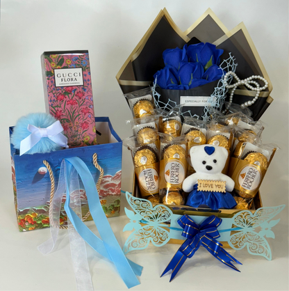 Luxury Gift Set with Gucci Flora Perfume, Chocolates, Teddy & Roses