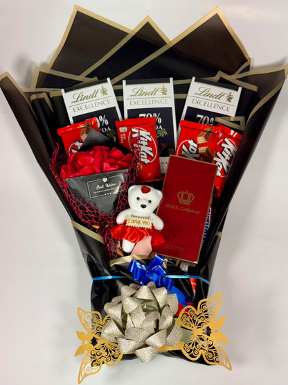 🌹 Romantic & Dreamy

“Surprise your loved one with a sweet symphony of love — a rich chocolate bouquet, a radiant flower bouquet, and the timeless elegance of Dolce & Gabbana perfume. The perfect way to say you mean everything to me.”
