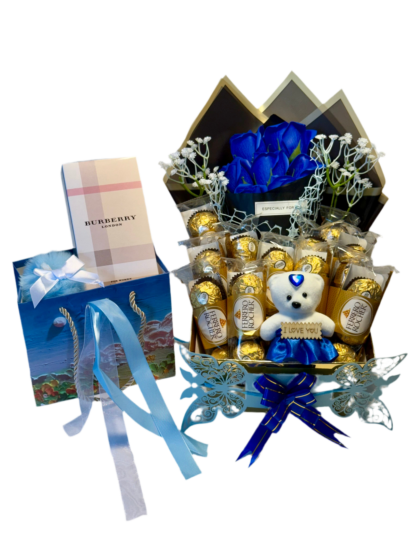 Luxury Gift Set with Burberry London Perfume, Chocolates, Teddy & Roses