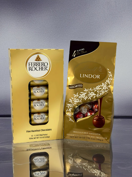 Ferrero Rocher, Premium Milk Chocolate Hazelnut &                                 Lindt Lindor Assorted Gold Bag