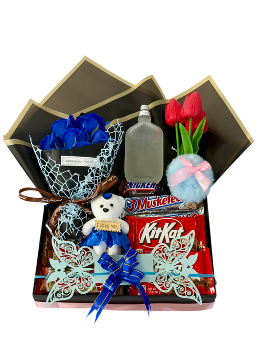 Gift box with a teddy bear, flowers, and candy on a white background