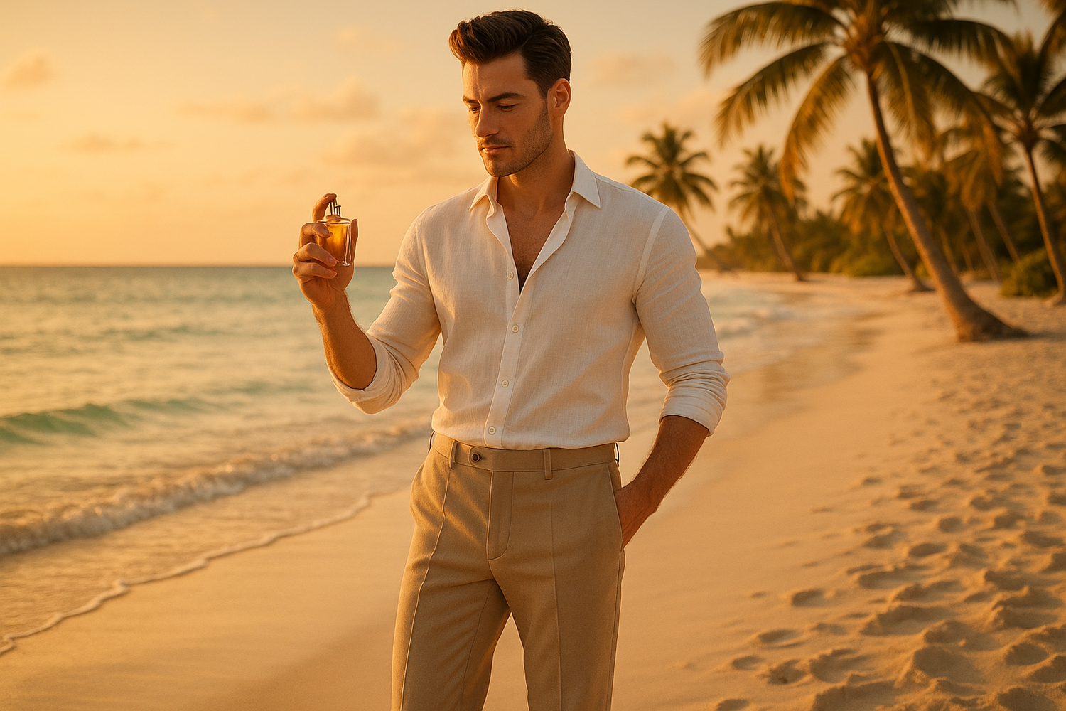 man with perfume wearing style at beach